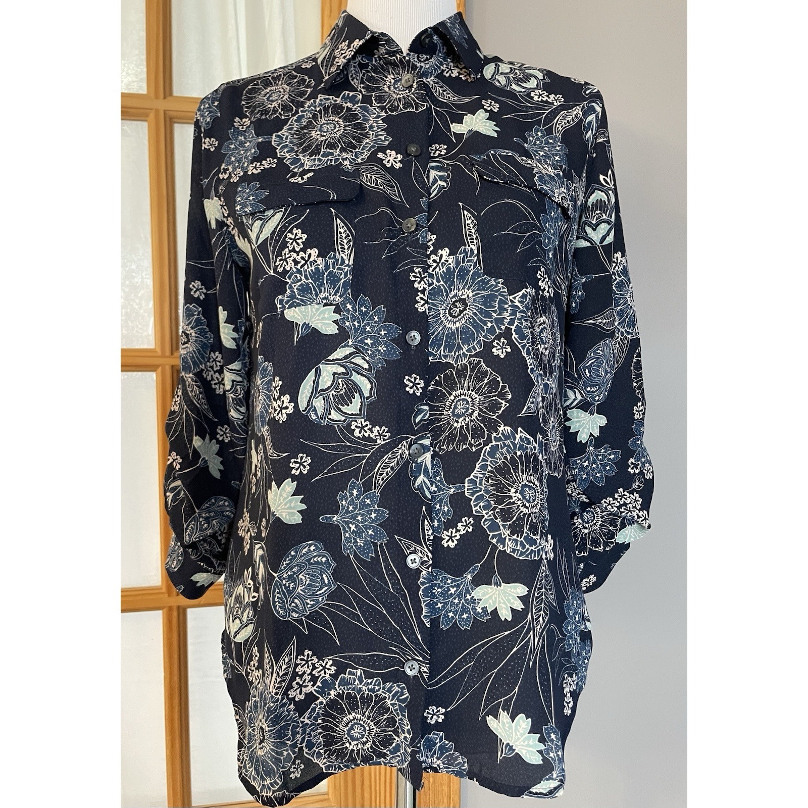 Y2k Loft Women's Button Shirt S Blue Floral Chiffon Pockets Career Cottage Boho